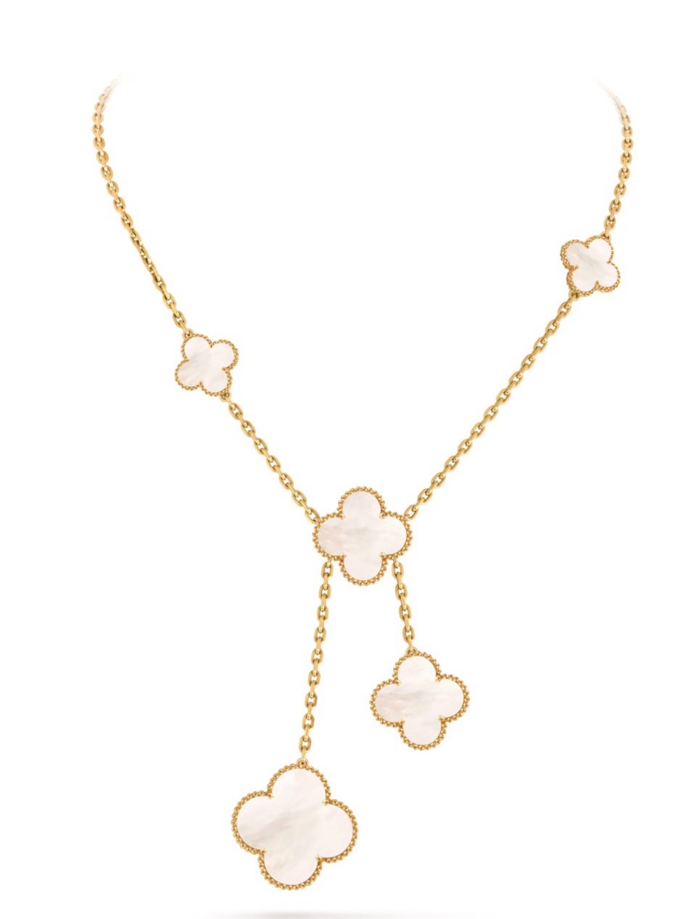 Alhambra inspired Luxury Gold Clover Mother-of-Pearl Station Necklace - White - Picture 8 of 10